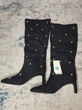 a new day Black A New Day Studded Black Knee Kitten Heel Boots Pointed Toe 9.5